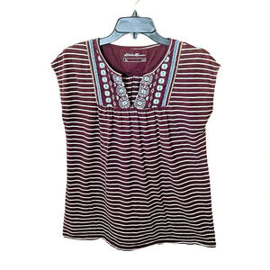 Eddie Bauer women’s sleeveless embroidered boho top SZ S brown white stripe